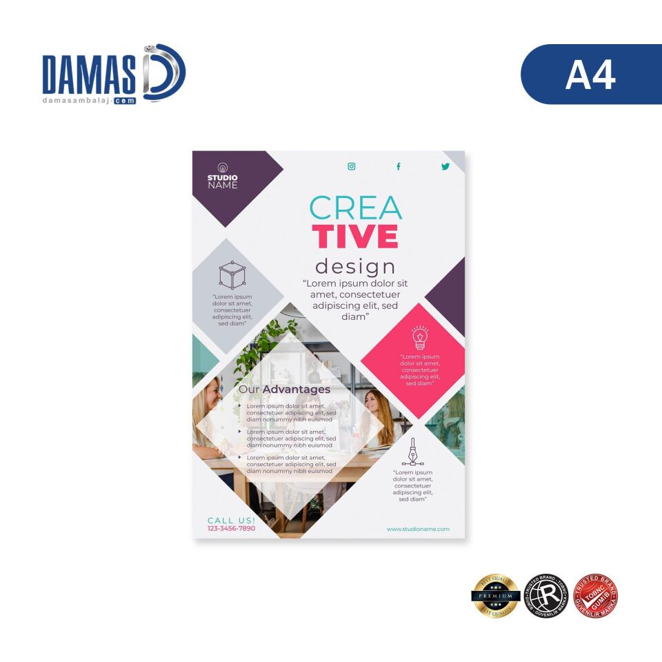 Broşür Çift Yön (Kuşe 350gr Özel Baskı) 1.000 adet  - 21x30 cm A4 - Mat Selefon + Kabartma Lak - Çift Kırım
