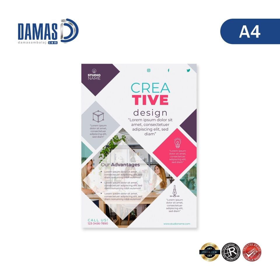Broşür Çift Yön (Kuşe 350gr Özel Baskı) 1.000 adet  - 15x21 cm A5 - Mat Selefon + Kabartma Lak - Kırım Yok