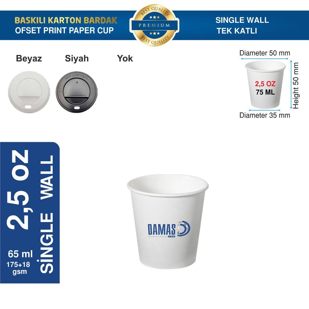 Karton Bardak Tek Katlı 2,5 oz Kapaksız ( Baskılı ) Ofset Baskı - 500.000 adet