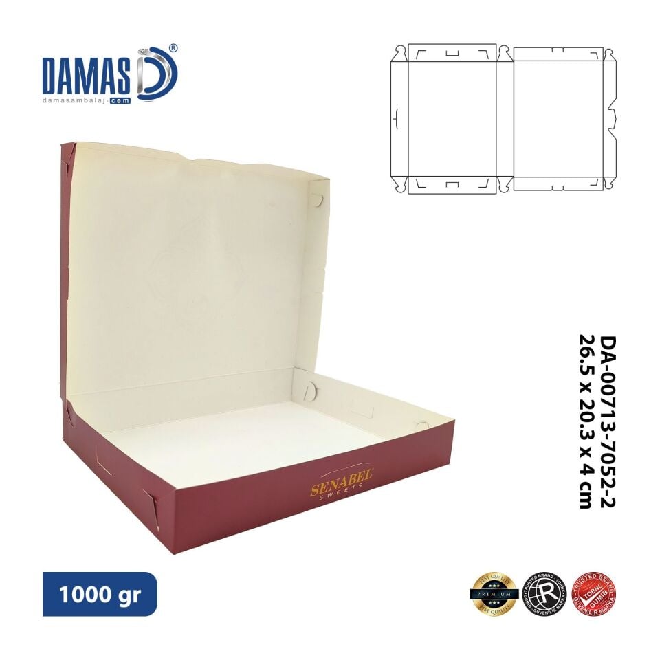 Baklava Kutusu 6'lı Kilitli ( Özel Baskı ) 5.000 adet - 26,5x20,3x4 cm - 1000gr  - İç Dış Selefon + Lak
