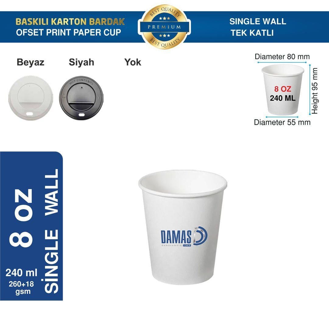 Karton Bardak Tek Katlı 8 oz (Baskılı) 10.000 adet