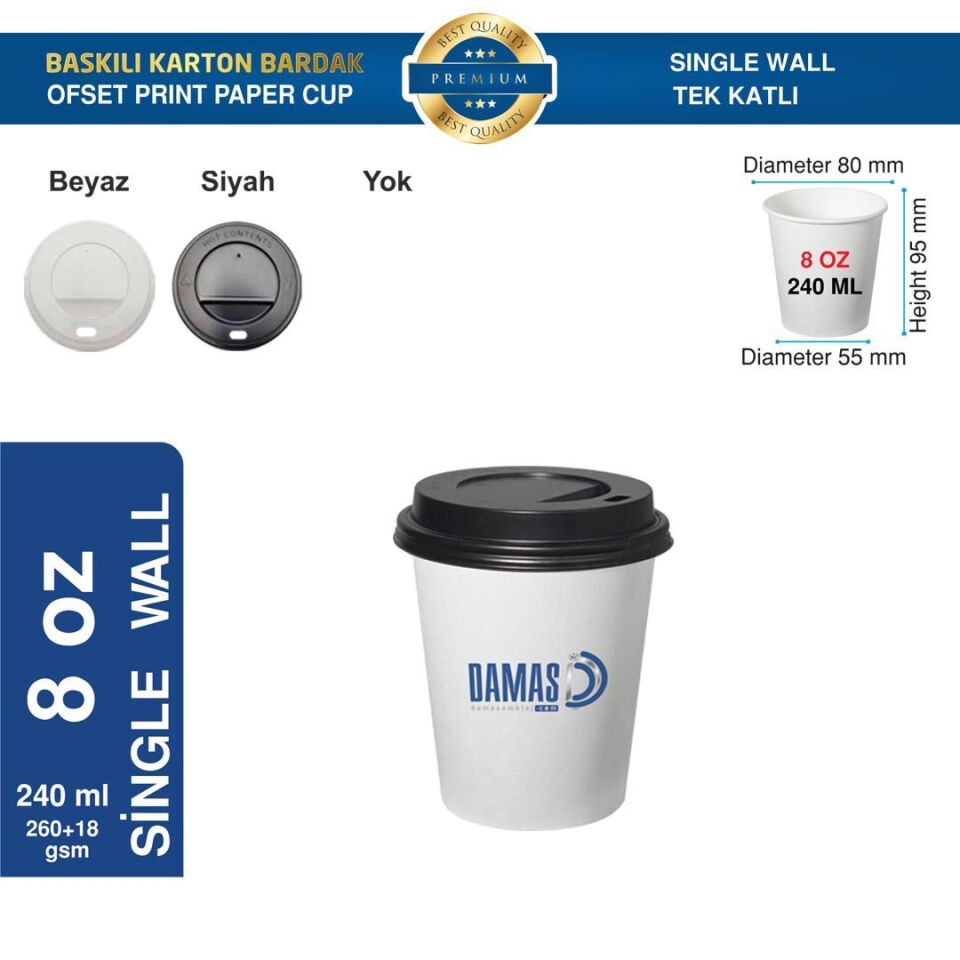 Karton Bardak Tek Katlı 8 oz (Baskılı) 6.000 adet