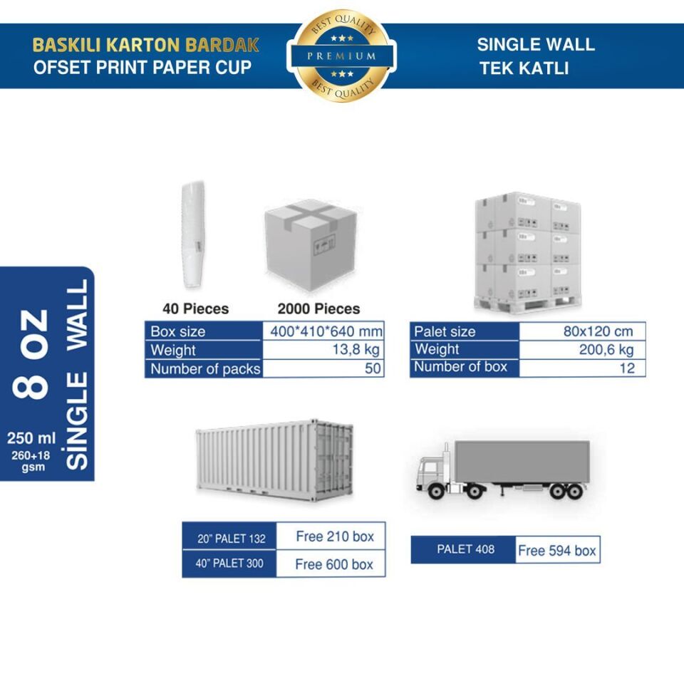 Karton Bardak Tek Katlı 8 oz (Baskılı) 6.000 adet