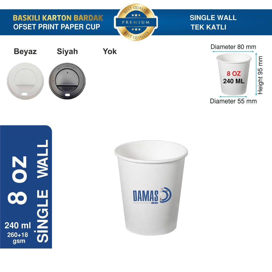 Karton Bardak Tek Katlı 8 oz (Baskılı) 50.000 adet