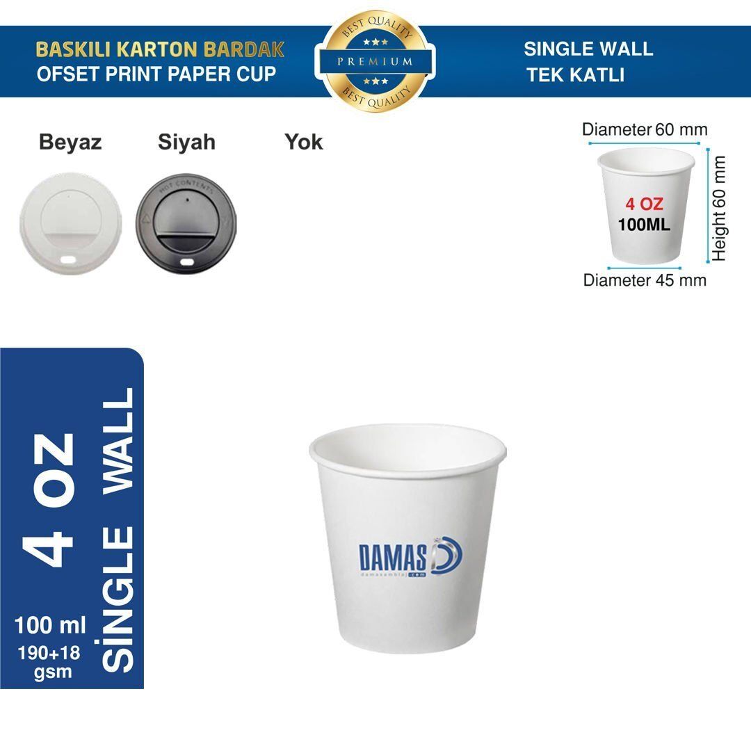 Karton Bardak Tek Katlı 4 oz (Baskılı) 6.000 adet