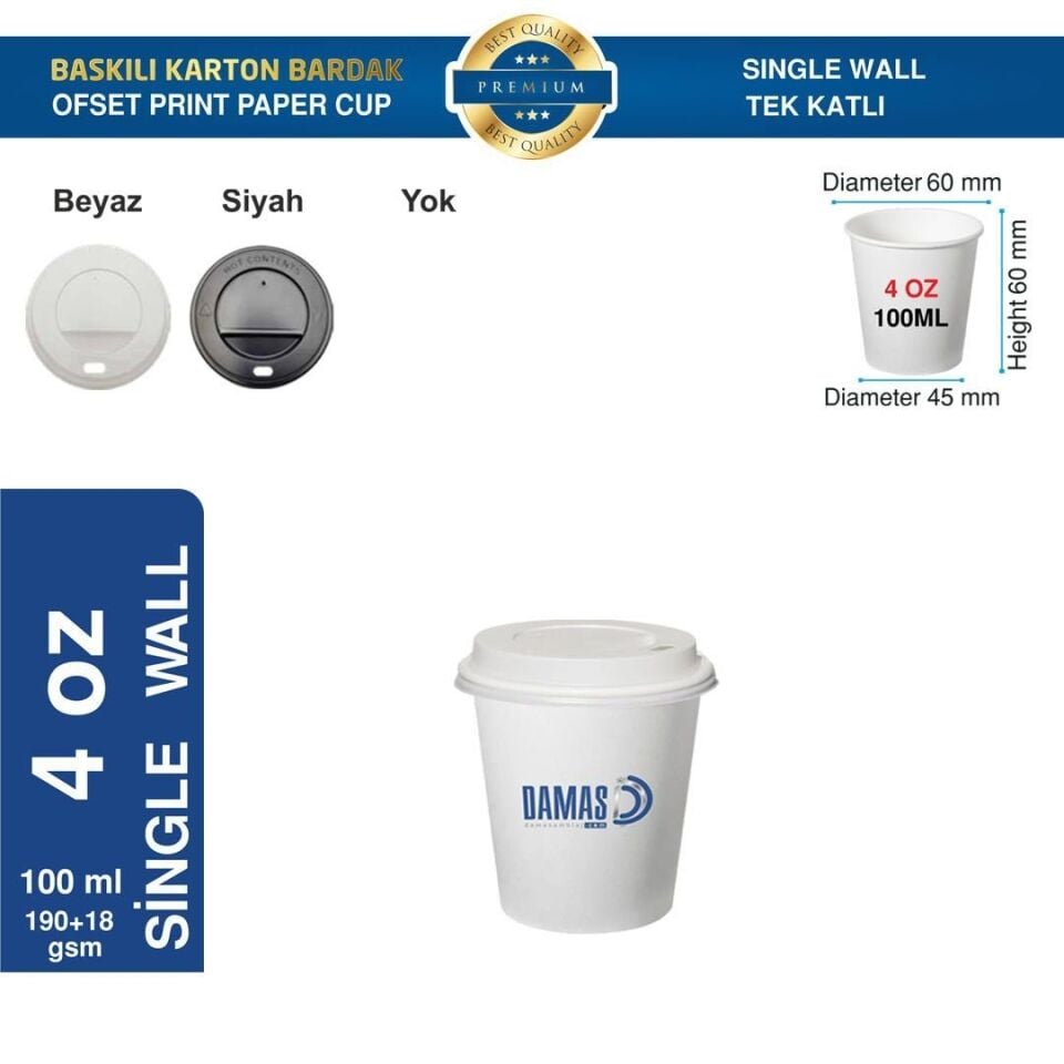 Karton Bardak Tek Katlı 4 oz (Baskılı) 12.000 adet