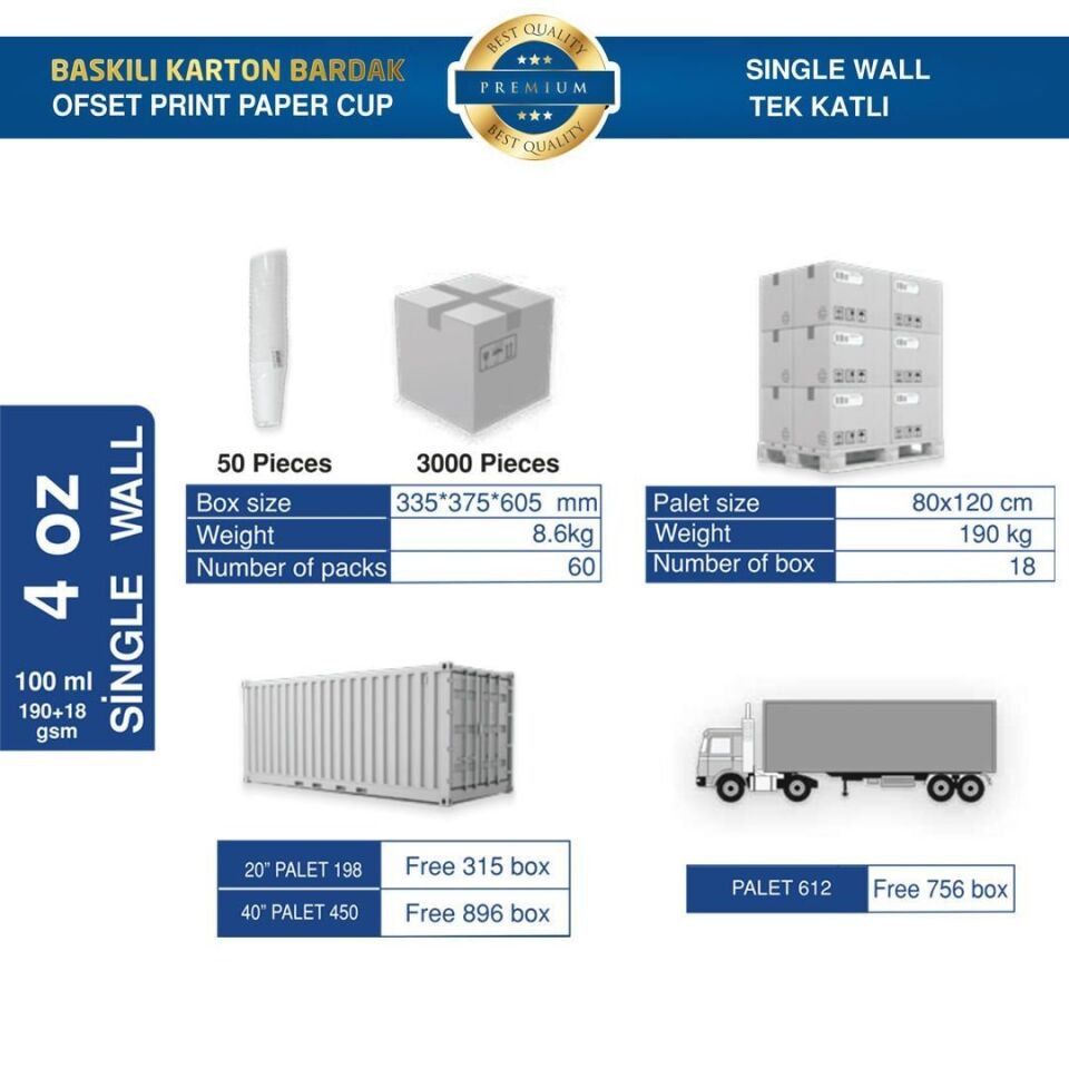 Karton Bardak Tek Katlı 4 oz (Baskılı) 20.000 adet