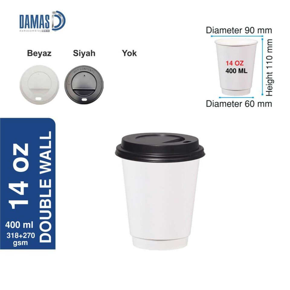 Double Beyaz Karton Bardak (Baskısız) 5.000 adet - 14 oz - Siyah