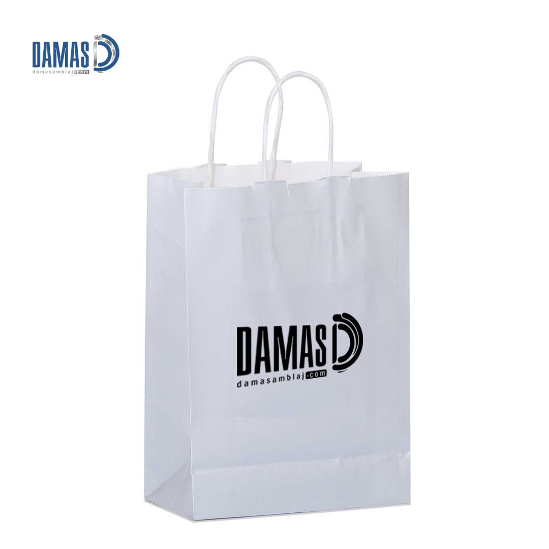 Burgu Saplı Kraft Kağıt Çanta Beyaz