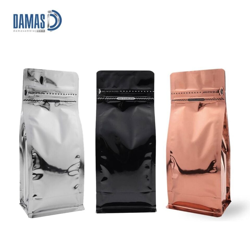 Parlak Pocket Kilitli Renkli Metalize Flat Bottom (Baskısız) 11,5x21,5x8  cm - 250gr - 1.000 adet - Kahverengi