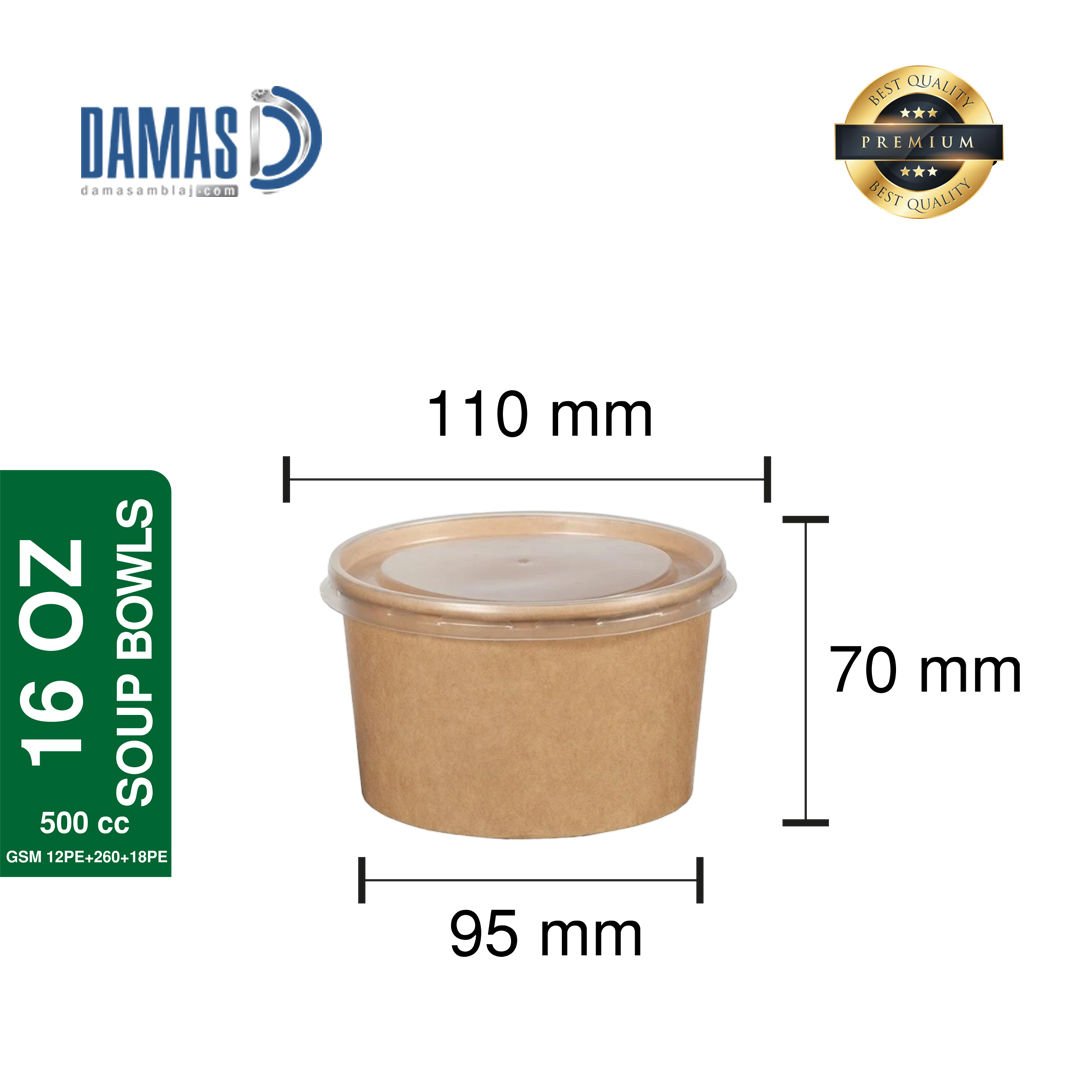 Karton Çorba Kraft Kasesi ( Baskılı / Baskısız ) Baskısız - 50.000 adet - 16 OZ - 500 cc  - PP Lid 