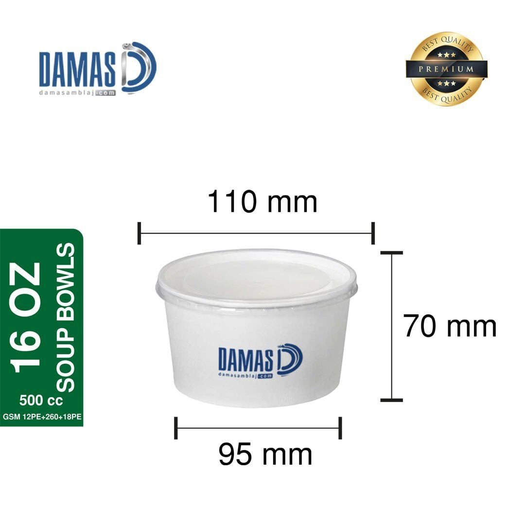 وعاء حساء أبيض مطبوع - 25.000 قطعة - 16 أونصة - 500 سم مكعب - غطاء من البولي بروبيلين 