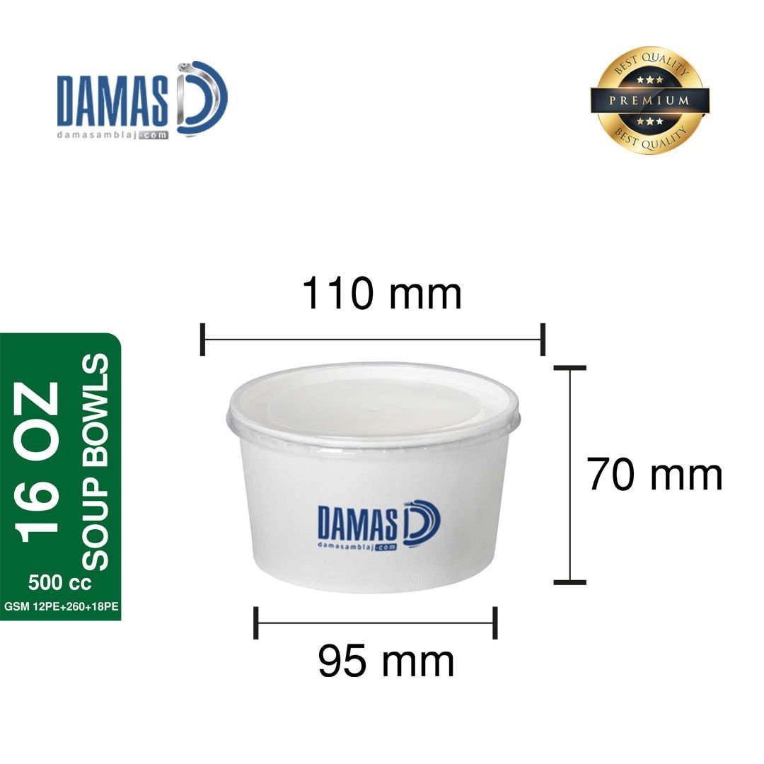 Beyaz Karton Çorba Kasesi ( Baskılı / Baskısız ) Baskılı - 100.000 adet - 16 OZ - 500 cc  - PP Lid