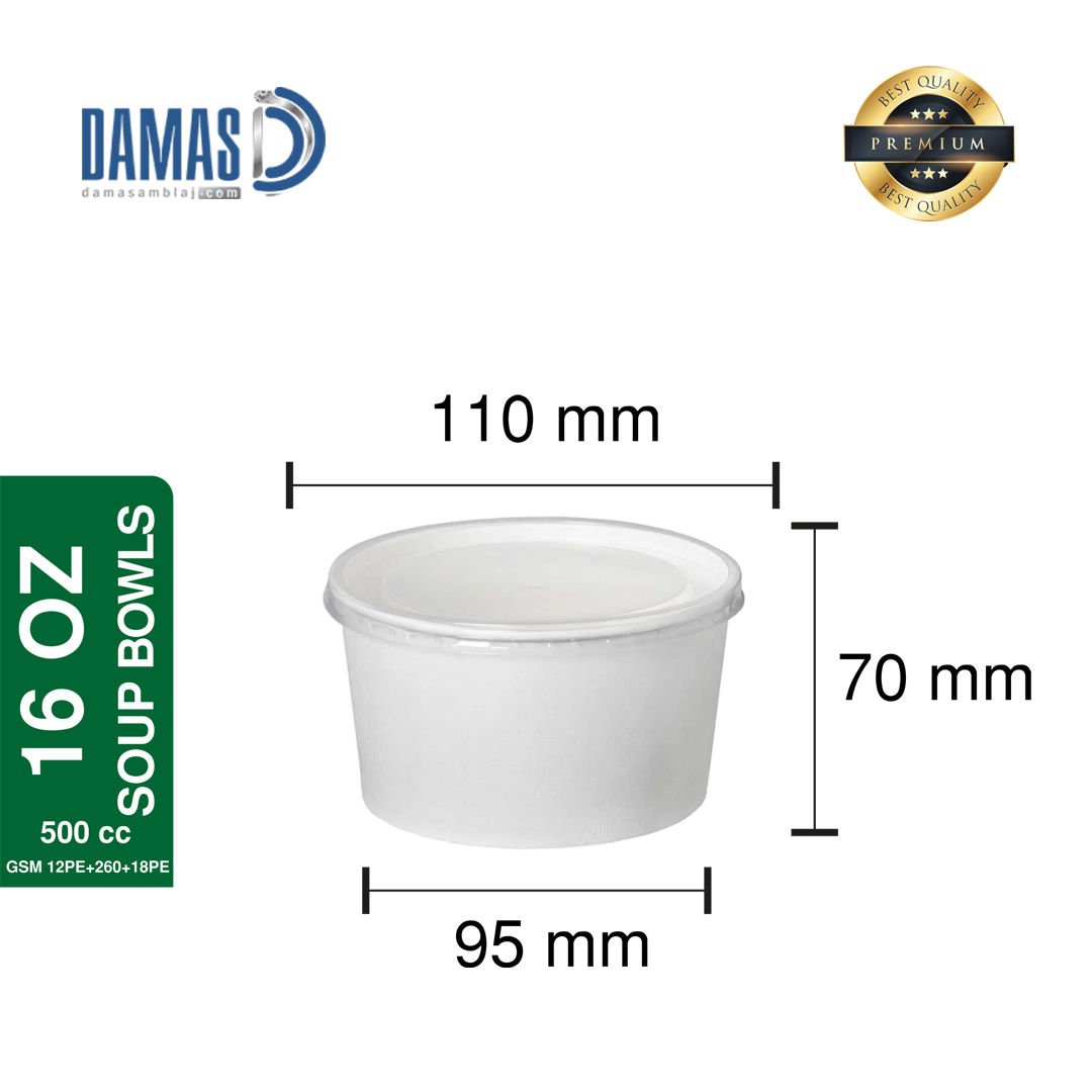 Karton Çorba Beyaz Kasesi ( Baskılı / Baskısız ) Baskısız - 25.000 adet - 16 OZ - 500 cc  - PP Lid 