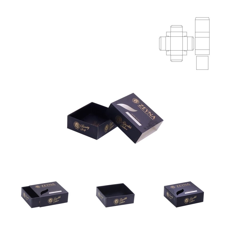 Karton Çekmeceli Kutular ( S ) 1.000 adet  - 8,3x8,3x2 cm - Mat Selefon + Kabartma Lak