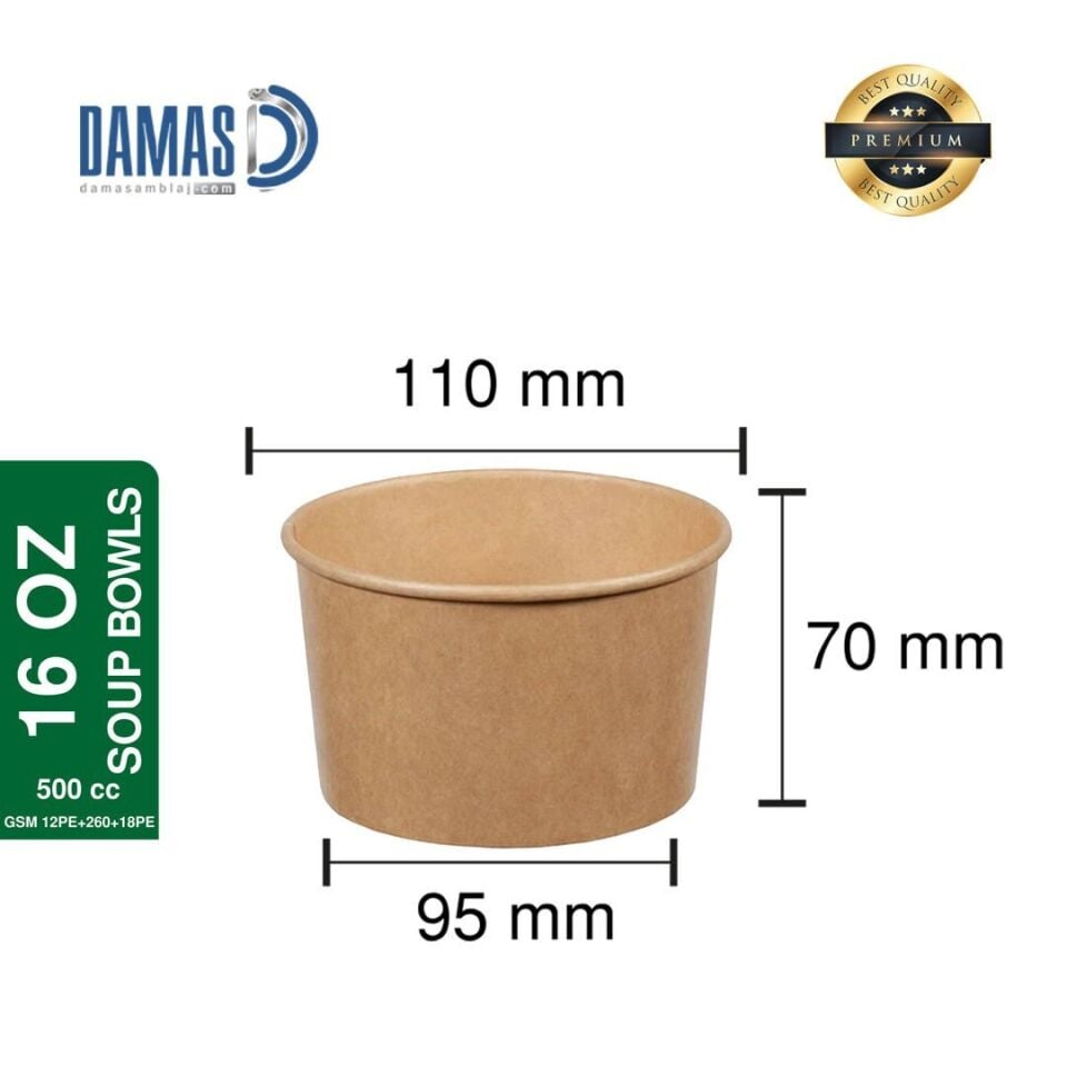 Kraft Çorba Kasesi (Baskılı / Baskısız) Baskısız - 50.000 adet - 16 OZ - 500 cc  - PP Lid