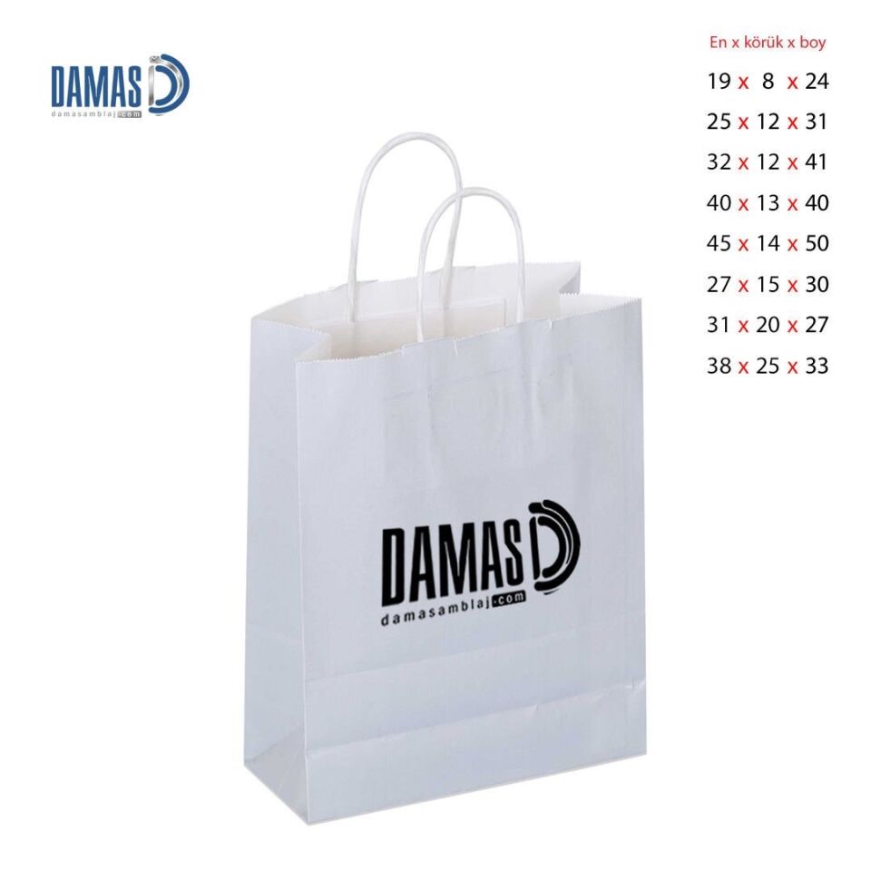 Burgu Saplı Kraft Kağıt Çanta Beyaz 19x8x24 cm - 1.000 adet