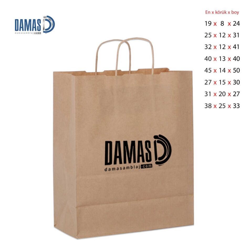 Burgu Saplı Kraft Kağıt Çanta Kahverengi 500 adet - 38x25x33 cm