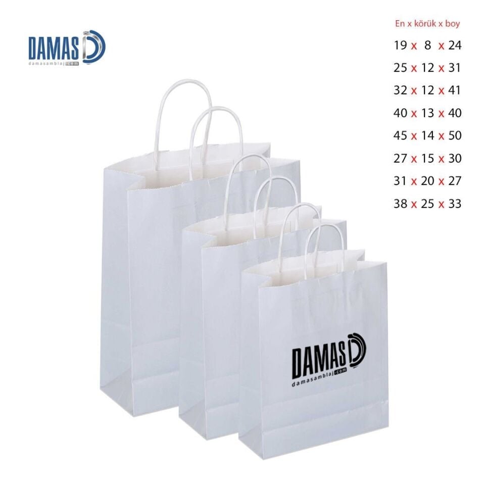 Burgu Saplı Kraft Kağıt Çanta Beyaz 250 Adet - 25x12x31 cm
