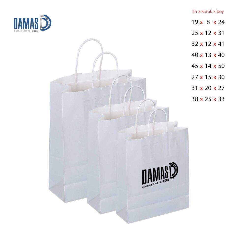 Burgu Saplı Kraft Kağıt Çanta Beyaz 1.000 adet  - 40x13x40 cm