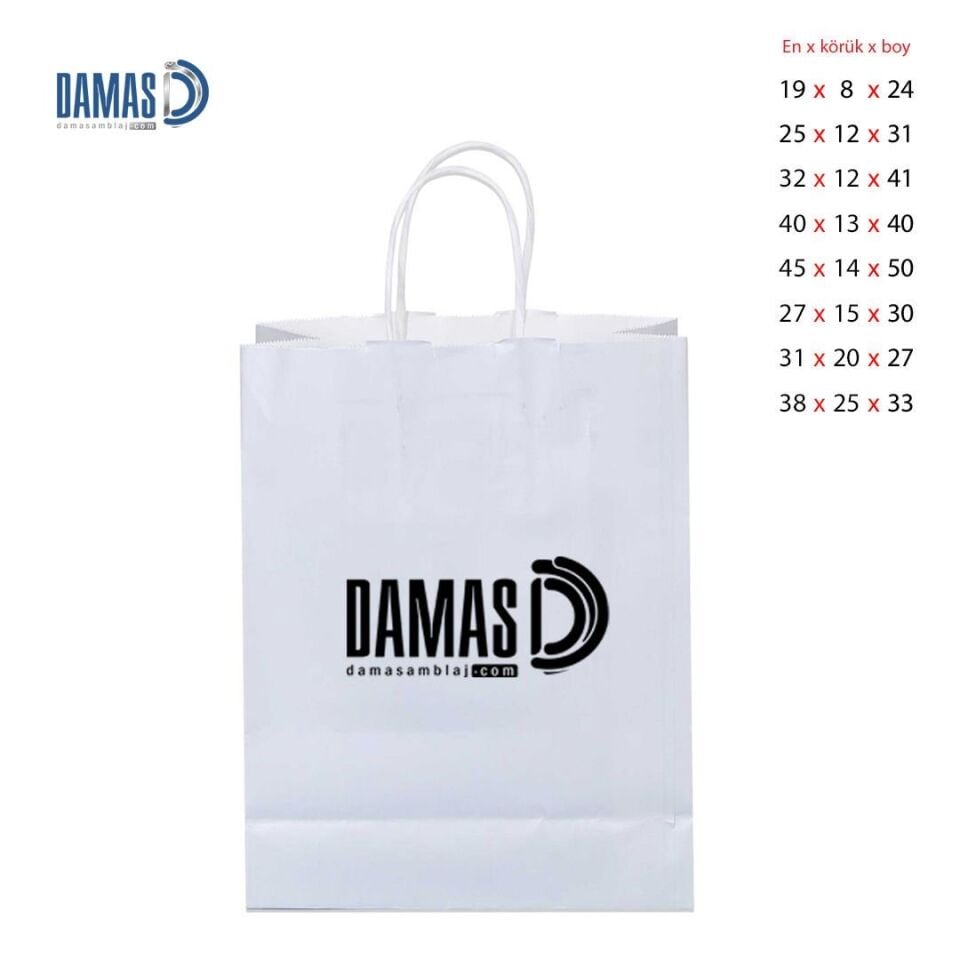 Burgu Saplı Kraft Kağıt Çanta Beyaz 250 Adet - 27x15x30 cm