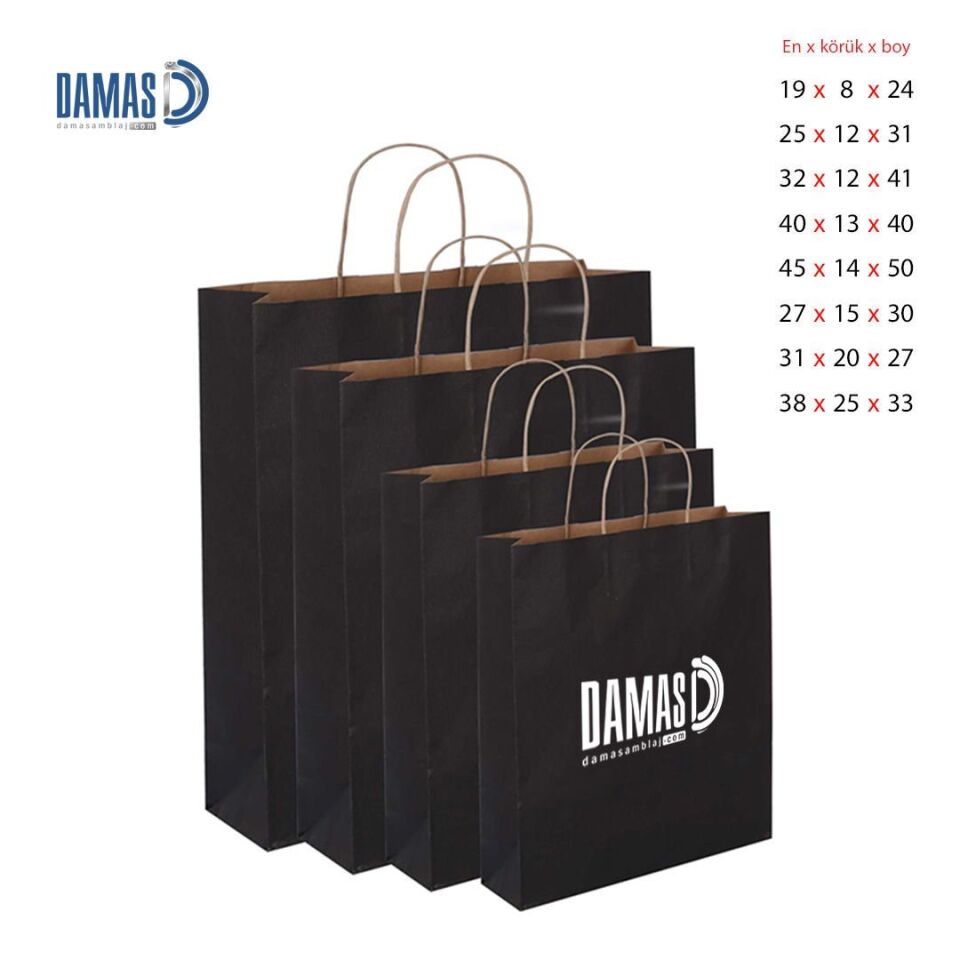 Burgu Saplı Siyah Kraft Kağıt Çanta 1.000 adet  - 25x12x31  cm