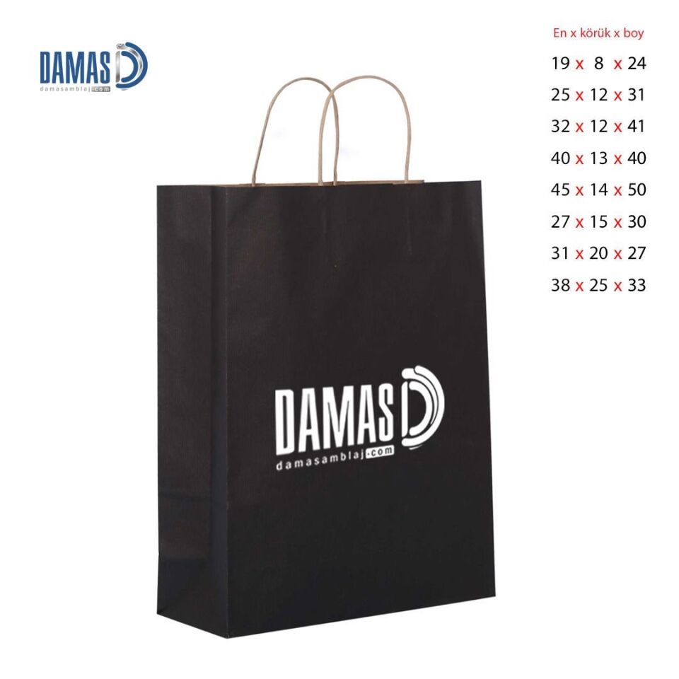 Burgu Saplı Siyah Kraft Kağıt Çanta 500 adet - 32x12x41 cm