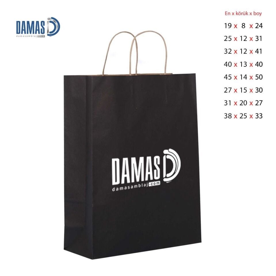 Burgu Saplı Siyah Kraft Kağıt Çanta 250 Adet - 27x15x30 cm
