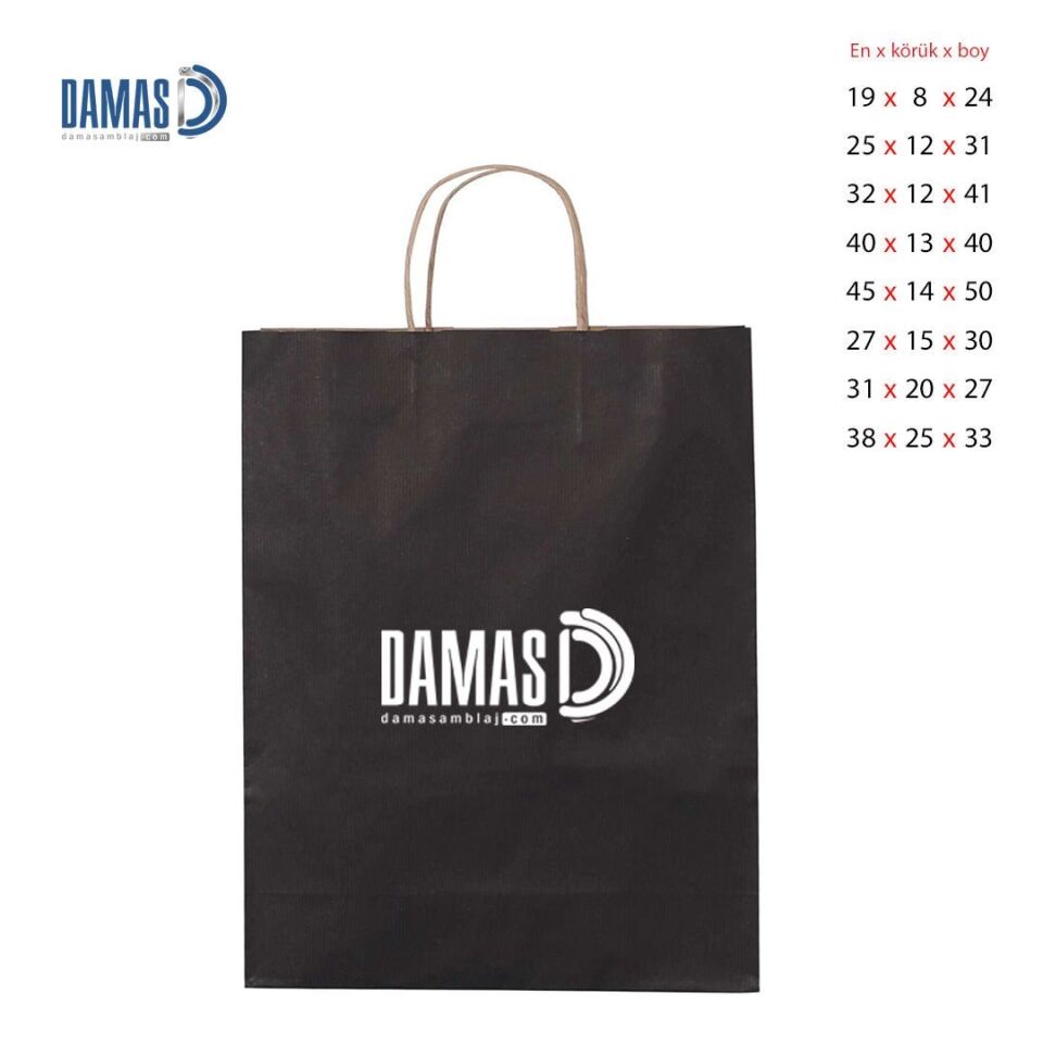 Burgu Saplı Siyah Kraft Kağıt Çanta 100 adet - 31x20x27 cm