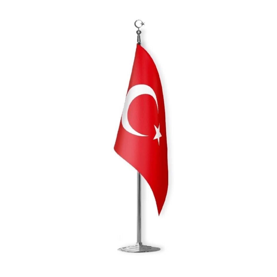 Tekli Makam Bayrağı | Krom / Altın Direk DMSMB-01 Krom - 3 Adet  - Püskülsüz