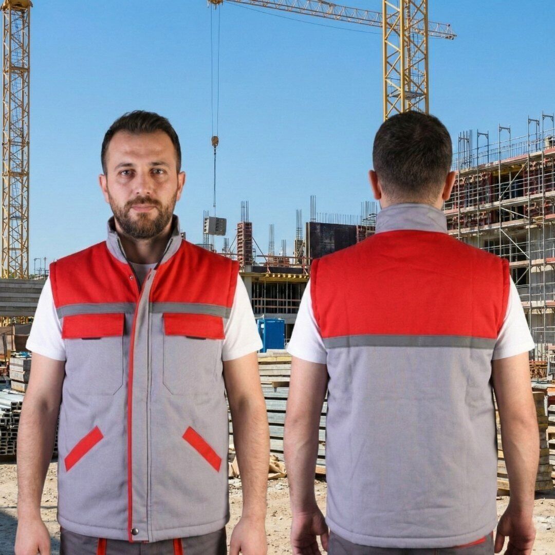 Gabardin İş Yeleği 2XL-3XL - Gri-Kırmızı - 50 adet