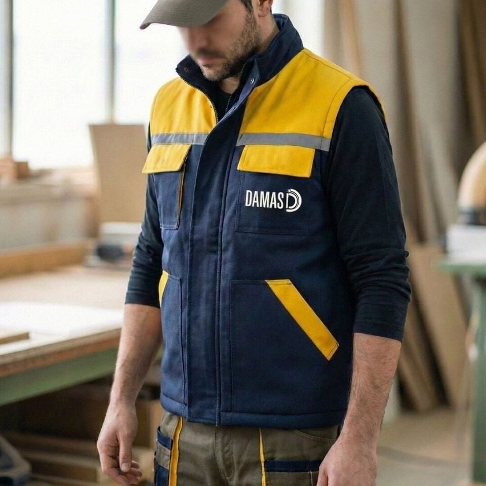 Gabardin İş Yeleği S-M  - Sarı-Lacivert - 100 adet